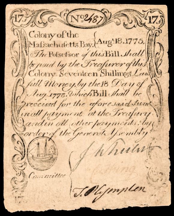 Colonial Script Colonial Currency, PAUL REVERE Engraved MA. August 18, 1775 SWORD IN ...