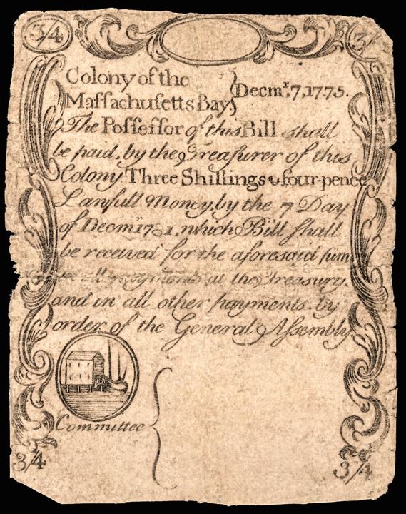 Colonial Script Colonial Currency Note, MA Dec. 7, 1775, 3s4d PAUL REVERE Engraved ...
