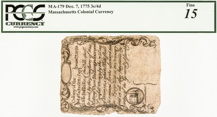 Colonial Script Colonial Currency Note, MA Dec. 7, 1775, 3s4d PAUL REVERE Engraved ...
