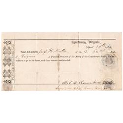 April 14, 1865 CONFED. PAROLED PRISONER PASS Issued on LINCOLN’s ASSASSINATION !