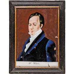 c. 1820s DANIEL WEBSTER Framed Early Reverse Painted Portrait On Glass