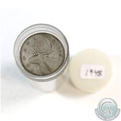 1948 Canada 25-cent Roll of 40pcs in a Plastic Coin Tube in Circulated Condition.