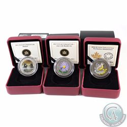 3x Canada 25-cent Coloured Bird Coins - 2012 Aster and Bumble Bee, 2013 Mallard (Capsule cracked) & 