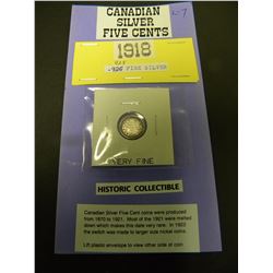 HISTORIC CANADIAN COLLECTIBLE 1918 .925 FINE SILVER FIVE CENT COIN