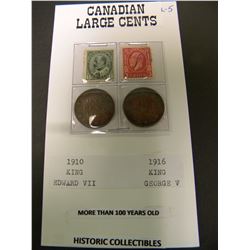 HISTORIC LARGE CANADIAN 1910 & 1916 KING EDWARD VII/KING GEORGE V LARGE CENT COINS
