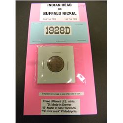 HISTORIC INDIAN HEAD 1928D BUFFALO NICKEL COIN