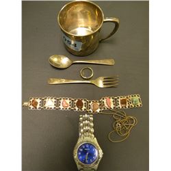 MULTISTONE BRACELET/WATCH/SILVER MEASURING CUP/2 COLLECTIBLE SPOONS