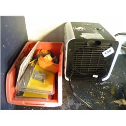 SMALL SPACE HEATER & SMALL BIN OF SCREWDRIVER BITS