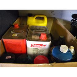 LARGE BOX OF MISC AEROSOL PAINT/COLEMAN CAMP FULE/ETC