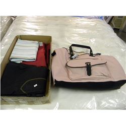 BOX OF MISC ASSORTED LADIES WEAR & TRAVEL BAG
