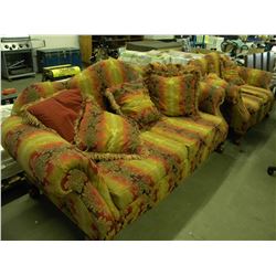 LARGE FLORAL GOLD/RED OVER STUFFED SOFA WITH MATCHING LOVE SEAT/6 THROW PILLOWS