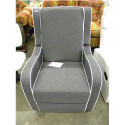 NEW CONTEMPORARY GREY CLOTH SWIVEL ROCKING RECLINING CHAIR WITH WHITE TRIM