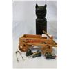 Image 1 : WOOD WINE CADDY AND WINE HOLDER WITH METAL CORKS BELL AND TONGS