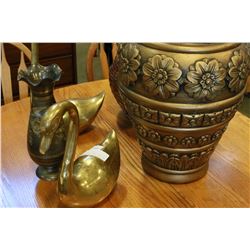 TWO BRASS SWANS THREE VASES