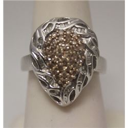 Gorgeous Pear Shape Champagne & Baguette Diamonds Silver Ring