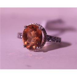 Exquisite Sterling Silver Ring with Lab Orange Sapphire and Diamonds