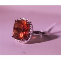 Exquisite Sterling Silver Ring with Lab Orange Sapphire and Diamonds