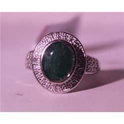 Exquisite Sterling Silver Ring with Genuine Columbian Emerald and Diamonds