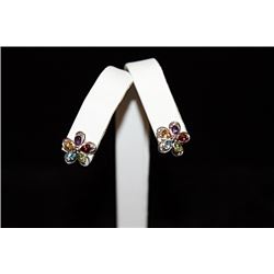 Stunning Flower Mix Gemstones Silver Stud Earrings (70E)