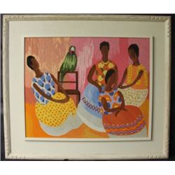 "NEEDLEPOINT SCENE OF WOMEN AND PARROT" Framed Tapestry (N)