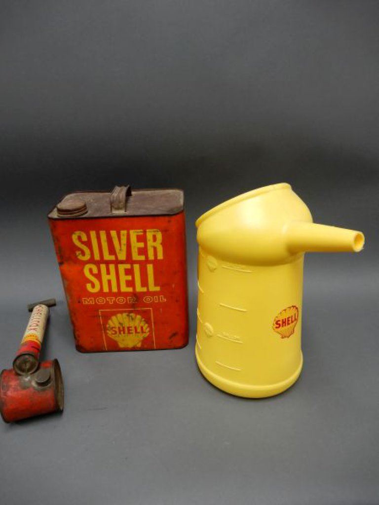 LOT OF 3 SHELL COLLECTIBLES SILVER SHELL MOTOR OIL 2 US GAL CAN ...