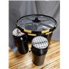 Image 2 : IMPLEMENT WHEEL TABLE & 4 MILK CAN STOOLS PLEXI-GLASS TOP - CRACKED PADDED STOOL TOPS  REPAINT UPPER