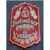 Image 1 : BUDWEISER KING OF BEER  EMBOSSED SHIELD TIN OVER MASONITE  25 1/2" X 15" UPPER LEFT LOCATION: UPPER 