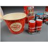 Image 2 : LOT OF 13 COCA-COLA COLLECTIBLES 2 SETS SALT & PEPPER SHAKERS, MOVIE POPCORN BUCKET, 7 TINS, 2 MUGS,