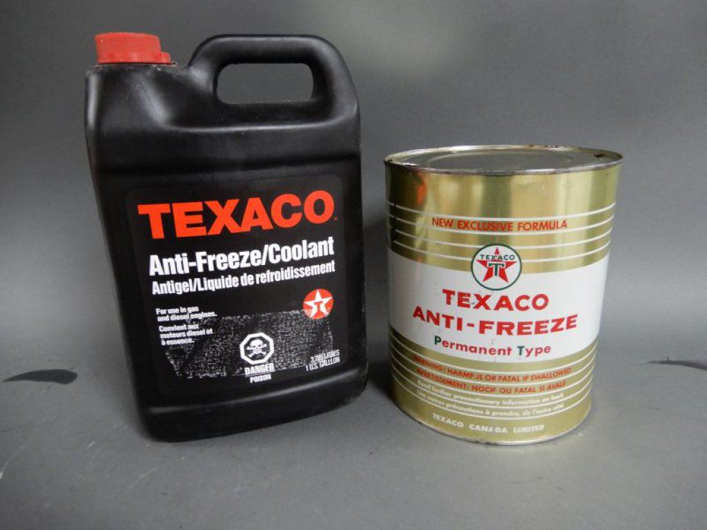 LOT OF 2 TEXACO ANTIFREEZE CONTAINERS IMP GALLON CAN U.S. GALLON