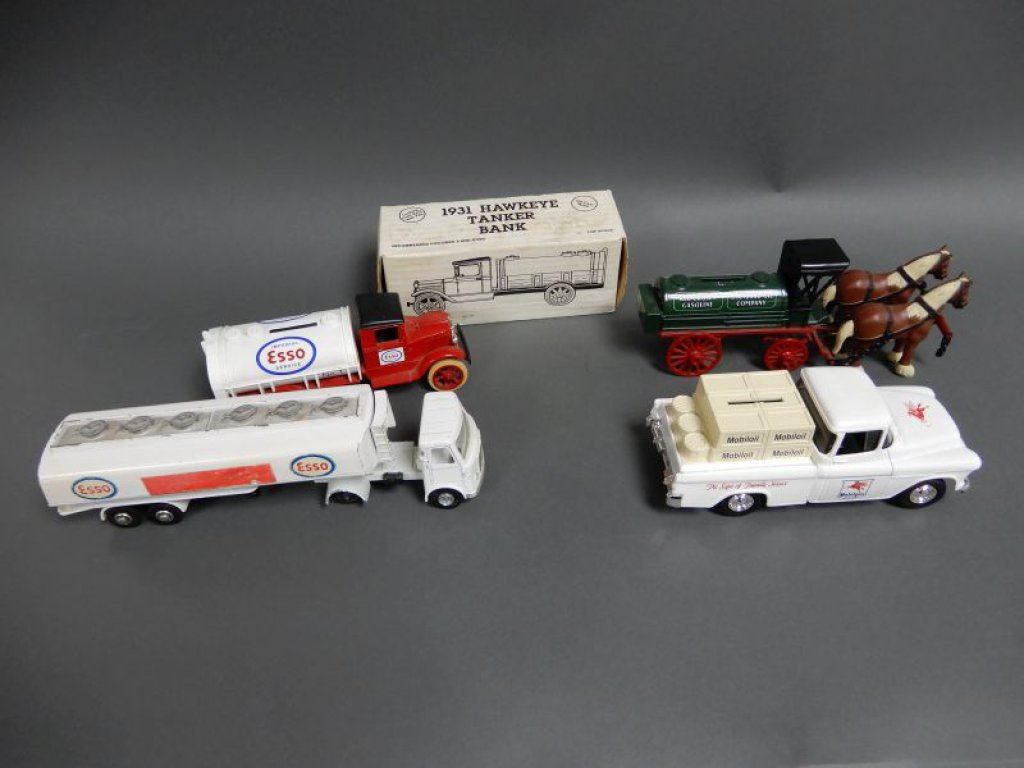 LOT OF 3 ERTL COIN BANKS & ESSO DINKY TOY TANKER IMPERIAL ESSO TANKER