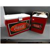 Image 1 : LOT OF 2 METAL COOLERS  RESTORED TO COCA-COLA SMALL DENTING - CRACKING ON UNDER SIDE OF LID LOCATION