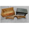 Image 1 : LOT OF 3 WOODEN COLLECTIBLES NECK YOKE - OXO SHIPPING BOX 24" X 15" X 9 1/4"  GOOD GRAPHICS - STOOL 