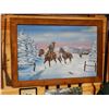 Image 1 : FRAMED HANLEY 2000 OIL PAINTING ON PLYWOOD COWBOY & PACKHORSE MOUNTAIN SCENE -  81" X 57" LOCATION: 