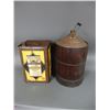 LOT OF 2 VINTAGE OIL CANS CRUISER 5 GAL EMBOSSED TOP & CORRECT CAP- WOOD  OVER TIN CORKED CAN -  DEN