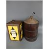 Image 2 : LOT OF 2 VINTAGE OIL CANS CRUISER 5 GAL EMBOSSED TOP & CORRECT CAP- WOOD  OVER TIN CORKED CAN -  DEN