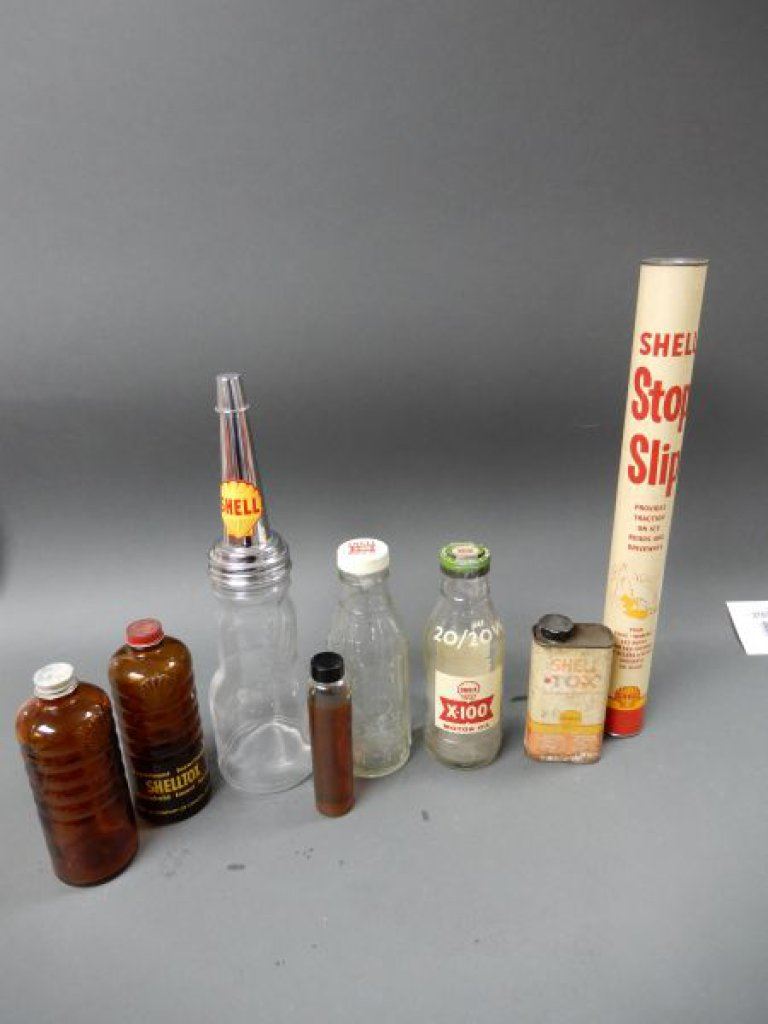 VARIETY OF SHELL BOTTLES & TINS PT. OIL BOTTLE- EMBOSSED- GOOD GRAPHICS ...