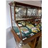 Image 2 : DOUBLE TIER STORE DISPLAY & OAK LIBRARY DESK DISPLAY- BOW FRONT - ORIGINAL GLASS - 73" X 28" X  32" 