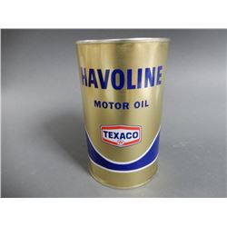 TEXACO HAVOLINE IMP.  QT. OIL CAN BILINGUAL - EMBOSSED TOP- DENTING- GOOD GRAPHICS LOCATION: LOWER B