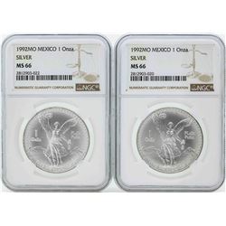 Set of (2) 1992MO Mexico 1 Onza Silver Libertad Coins NGC MS66