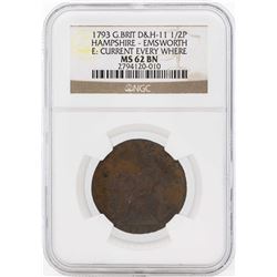 1793 Great Britain 1/2 Penny Hampshire - Emsworth Coin NGC MS62BN