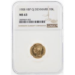 1908 VBP GJ Denmark 10 Kroner Gold Coin NGC MS63