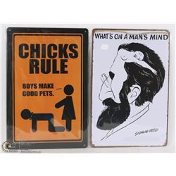 LOT OF 2 NEW 12"X8" TIN SIGNS - WHAT'S ON A MAN'S
