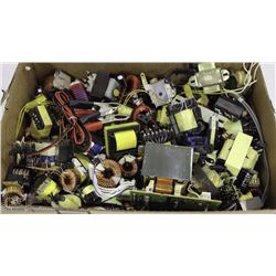 BOX WITH 100+ TRANSFORMERS, COILS, CHOKES, AND