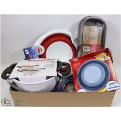 LOT OF NEW KITCHEN ITEMS INCL STARFRIT COLLAPSIBLE