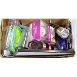 BOX W/ ASST BOTTLES, WHITE BOARD AND MORE