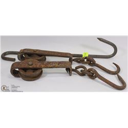 ANTIQUE MEAT HOOKS AND HOOK FORK ON WHEELS