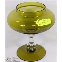 LARGE OLIVE GREEN GLASS CENTERPIECE 10"H X 8"W