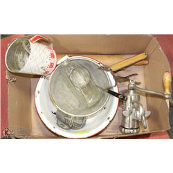 BOX OF ENAMEL , ROLLING PIN , SIFTER , GRINDER AND