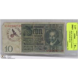 WWII GERMAN 10 MARK STAMPED WAFFEN 12 SS BANK NOTE