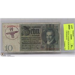 WWII GERMAN 10 MARK BANK NOTE STAMPED WAFFEN SS